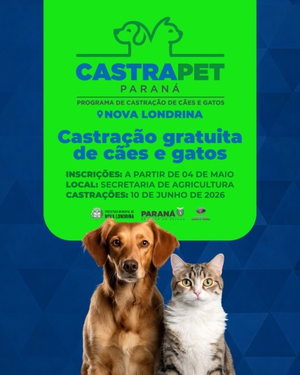 Castração gratuita de cães e gatos será realizada em 10 de junho em Nova Londrina 🐶🐱