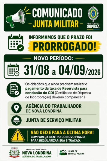 Taxa de Reservista para conclusão do CDI é prorrogada até 4 de setembro em Nova Londrina
